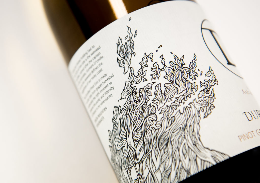 2-Durvillea-side-bottle-img Close up detail of a wine bottle with label design by Wellington agency Wonderlab.
