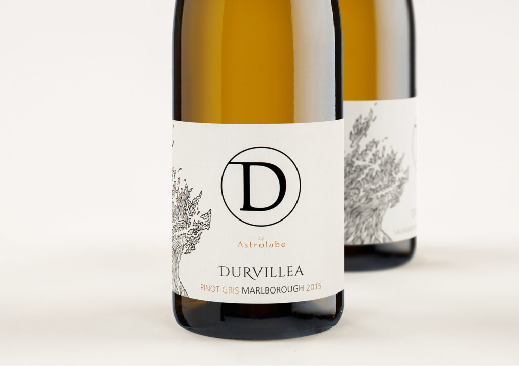 3-Durvillea-2-bottles-img Close up detail of a wine bottle with label design by Wellington agency Wonderlab.