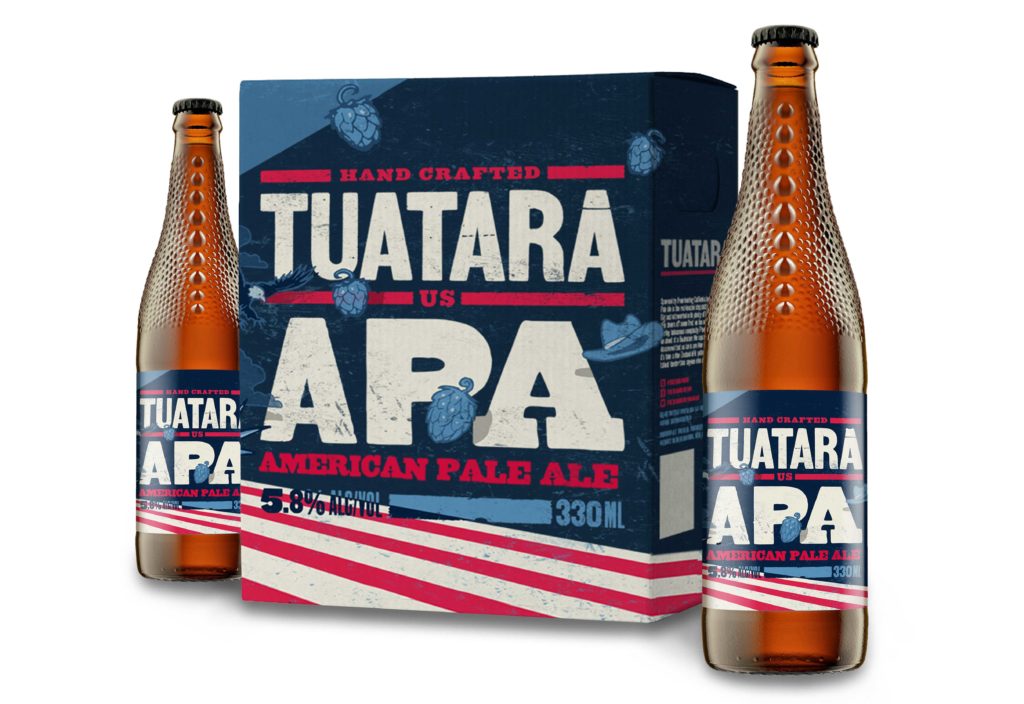 Tuatara-APA-box-bottles-2 Carton and two beers with packaging design by Wonderlab.