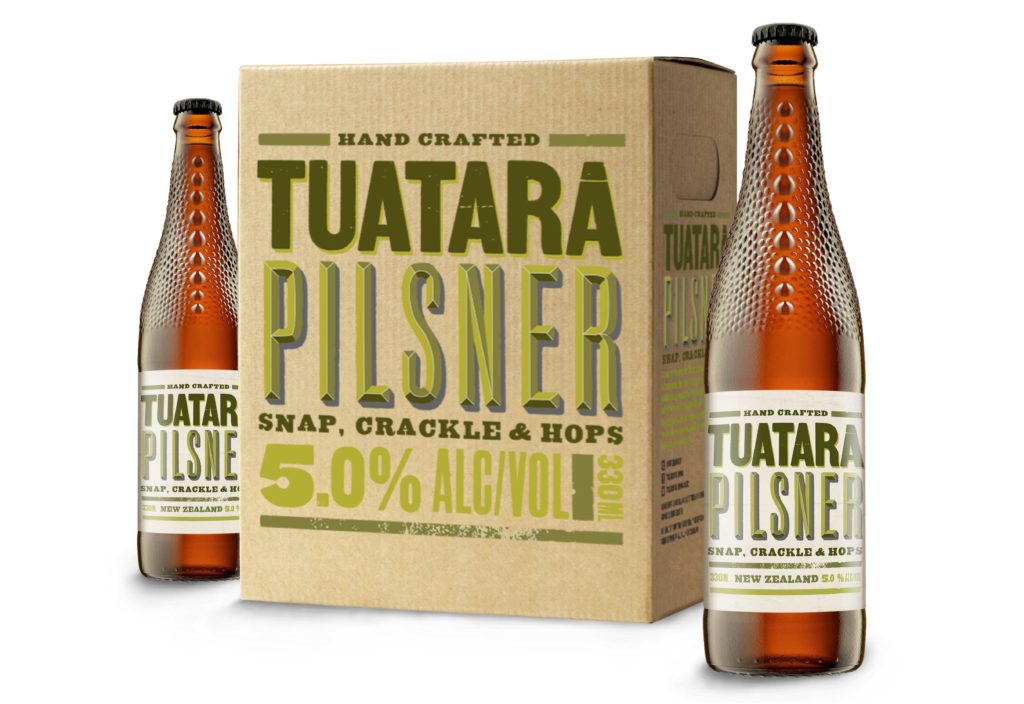 Tuatara-shaded-box-bottles-3 Carton and two beers with packaging design by Wonderlab.