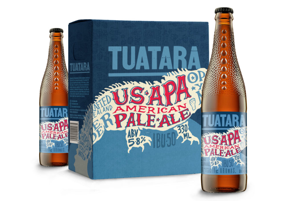 Tuatara-shaded-box-bottles-4-big Carton and two beers with packaging design by Wonderlab.