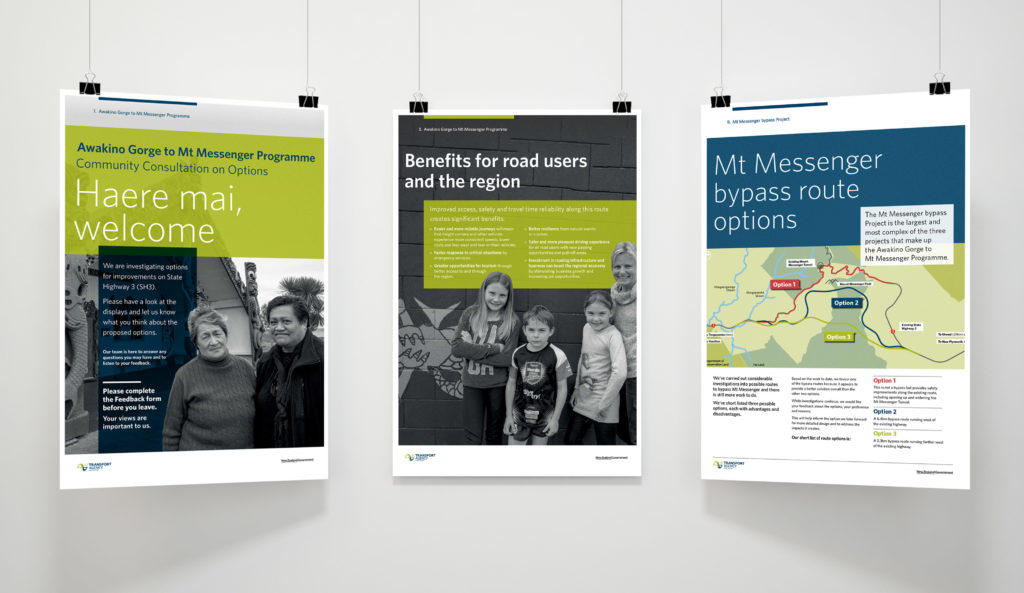 NZTA-3Boards Three posters with branded portrait photography and info graphics for a public education campaign by wonderlab.