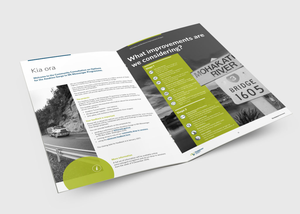 NZTA_brochure_spread Inside spread of a booklet with icon illustration for public education, by ad agency Wonderlab