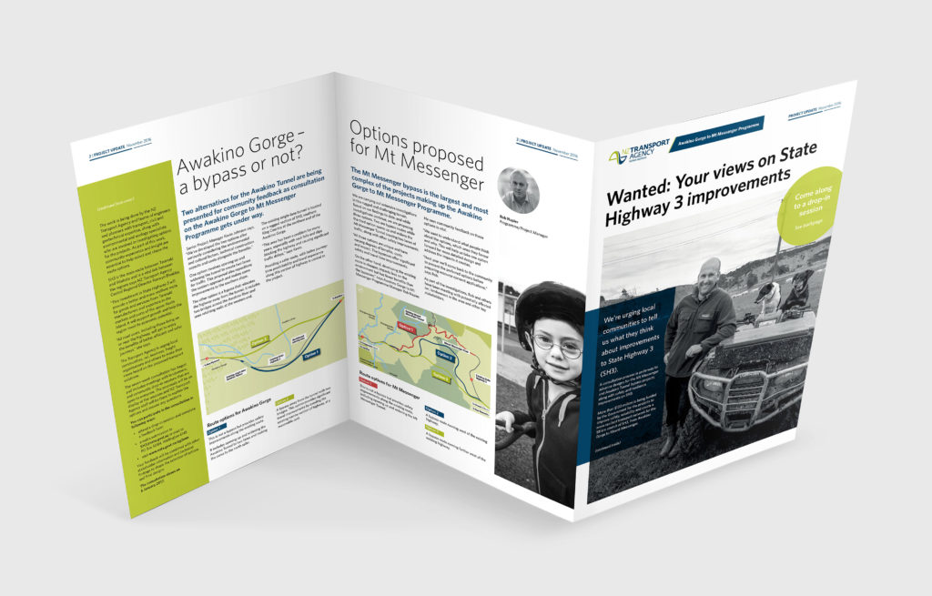 NZTA_newsletter-lrg Folded leaflet design with portraits and map graphics by Wellington design agency Wonderlab