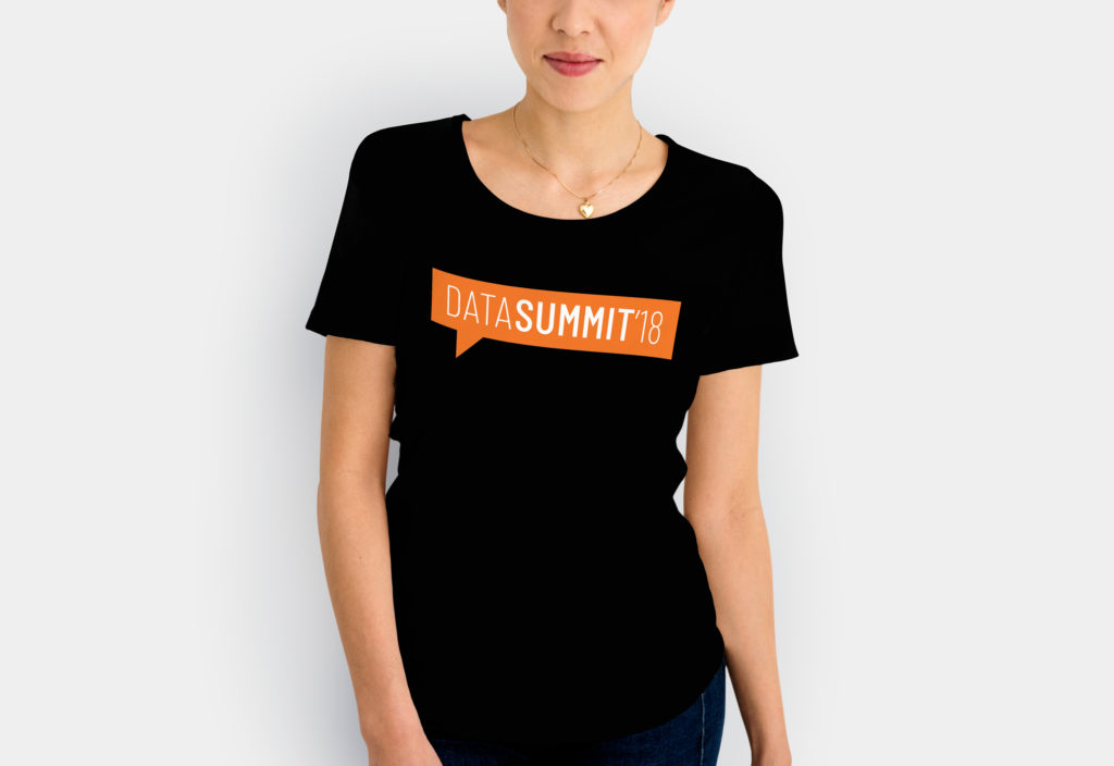 Data-summit-t-shirt Model wearing a printed T-shirt design by brand designers Wonderlab.
