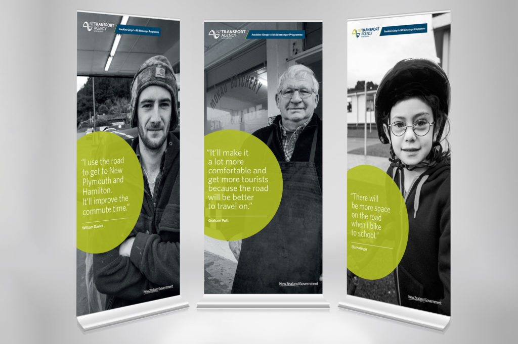 NZTA_pullups_x3-wide Three banners with branded portrait photography used in a public education campaign by wonderlab.