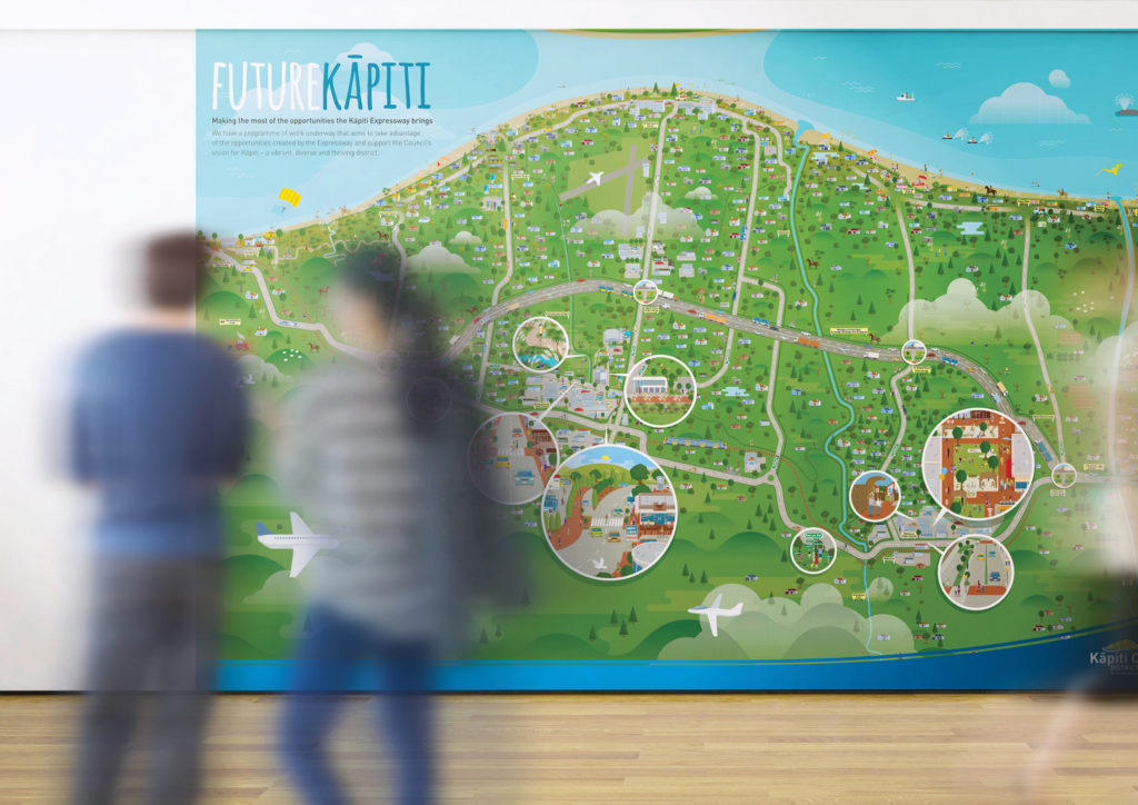 KCDC_wall-map Illustrated mural of a map with blurred people, designed by communication strategists Wonderlab.