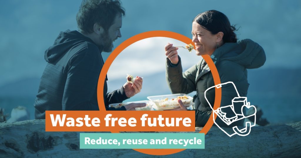 MFE Waste free beach lunch People with takeout and public service announcement message, created by ad agency Wonderlab