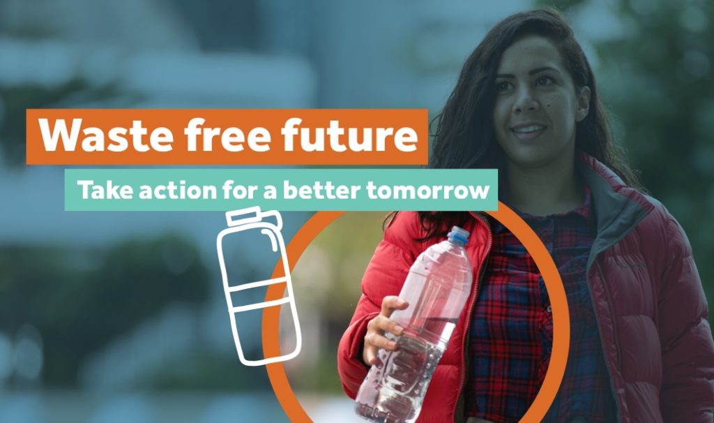 MFE - Waste free -bottle Woman holding a water bottle with an illustration superimposed, part of a environmental campaign produced by Wonderlab