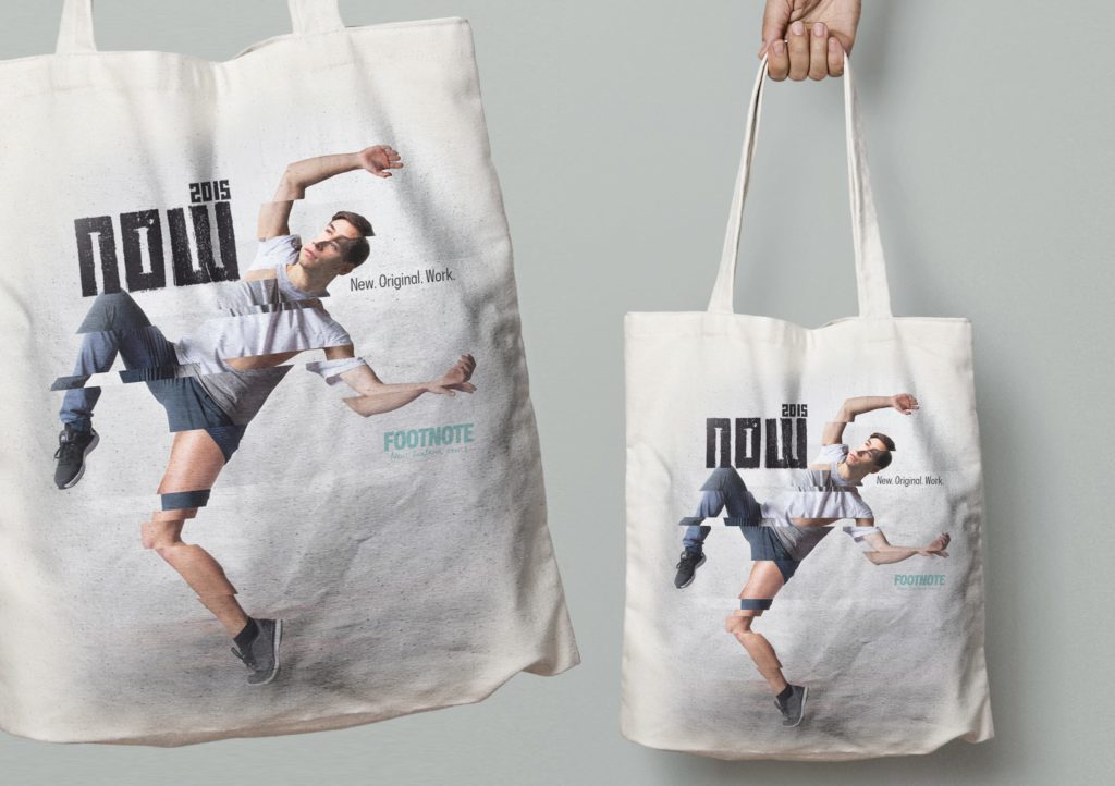 6-footnote-now2015-tote Tote bags with dancer and typography, part of an arts brand campaign created by Wonderlab