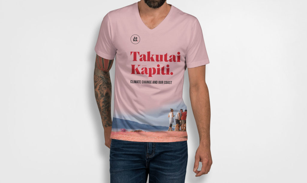takutai-kapiti-tshirt-front-light Model wearing a printed T-shirt design by brand designers Wonderlab.