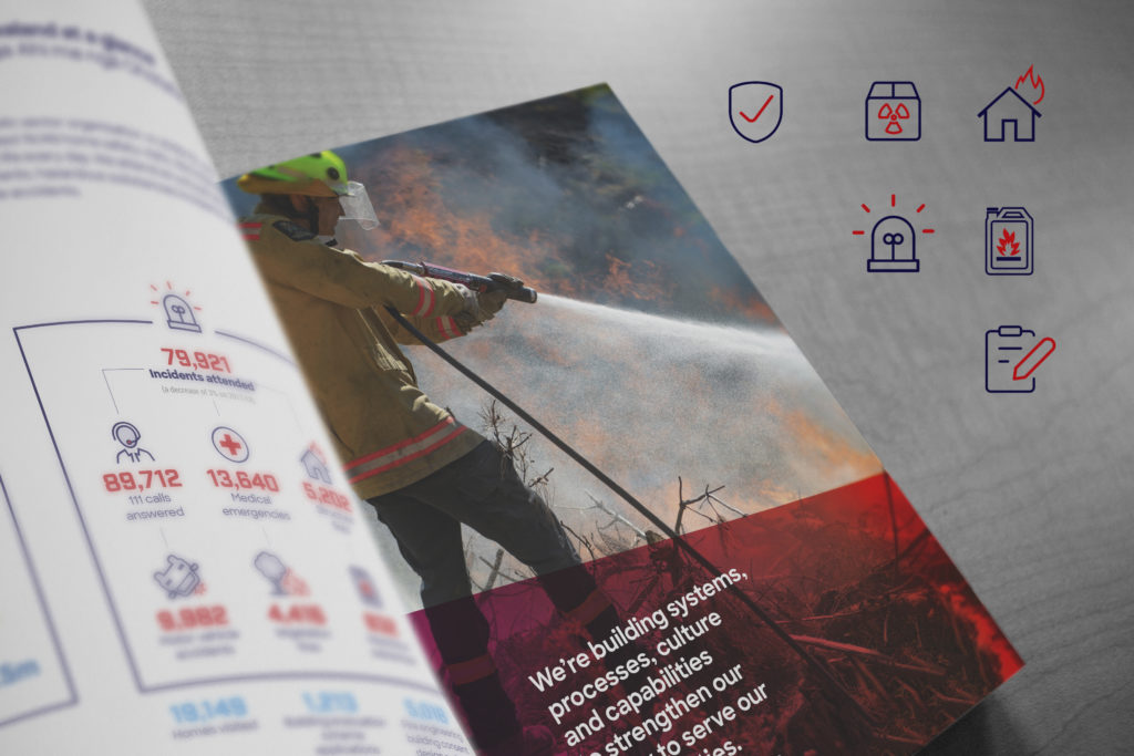 F&E AR Inside spread of an annual report showing icon designs by Wellington design agency Wonderlab