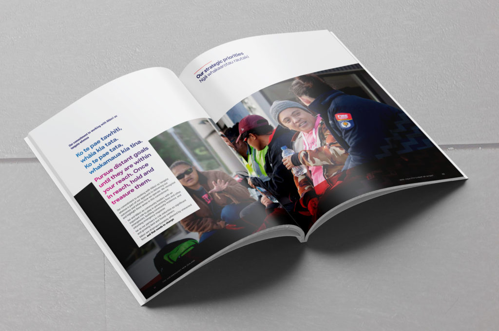 FENZ_SOI-spread-1-texture Inside spread of an annual report, by Wellington design agency Wonderlab