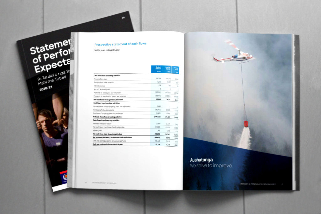 FENZ_SPE-spread-cover Inside spread of an annual report, by Wellington design agency Wonderlab