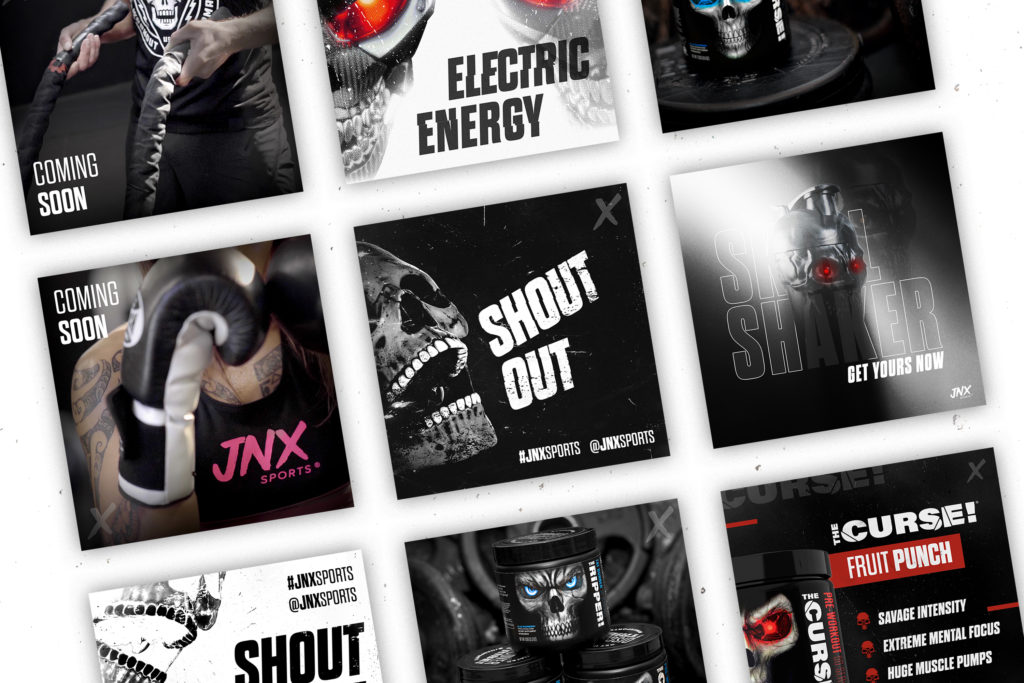 JNX - Social Posts Mockup Multiple screenshots of skulls, snakes and bold typography, brand designed by Wonderlab