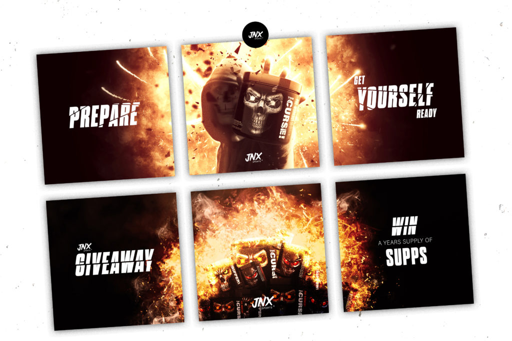 JNX Triptych Mockups v2 Fire and typography stills taken from an animated Instagram campaign by Wonderlab.