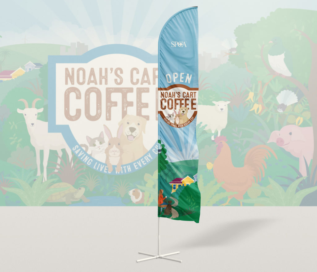 Noahs_coffeeflag Banner flag showing the application of a new coffee cart brand by Wonderlab.