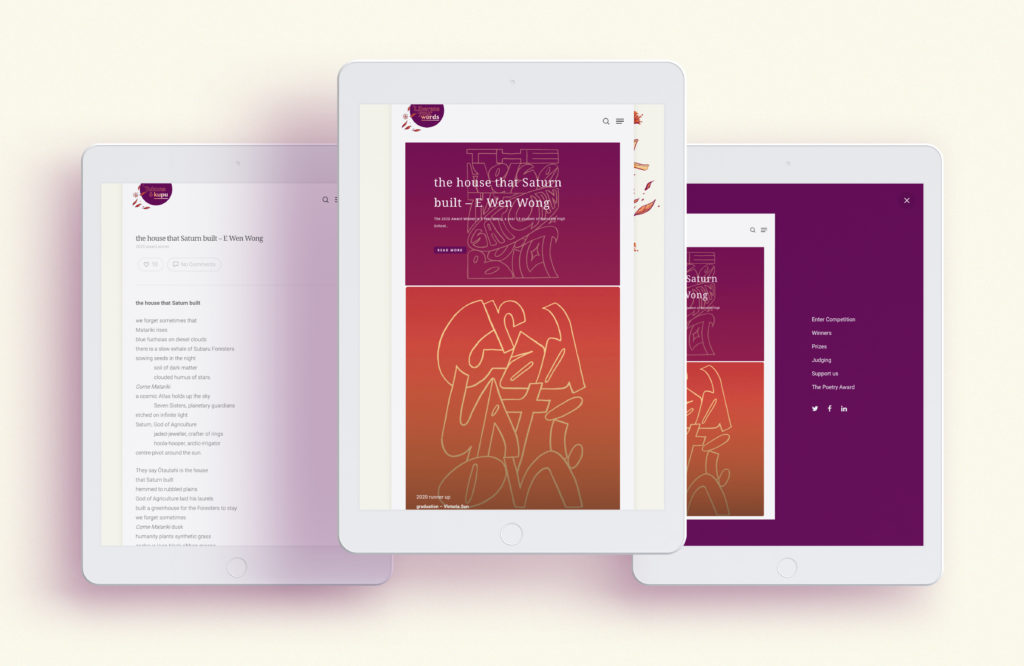 Poetry Award Website_Ipad Mockup Three tablets displaying a typography based website design by Wonderlab.