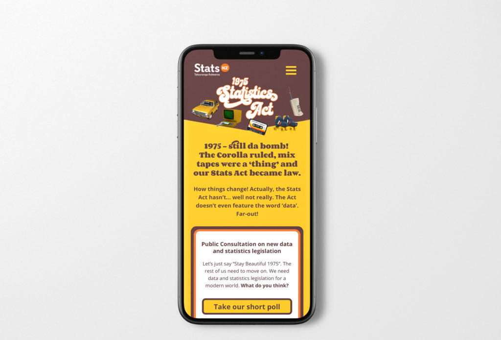 STATS_phone Mobile phone displaying a retro-style public awareness social media campaign by Wonderlab