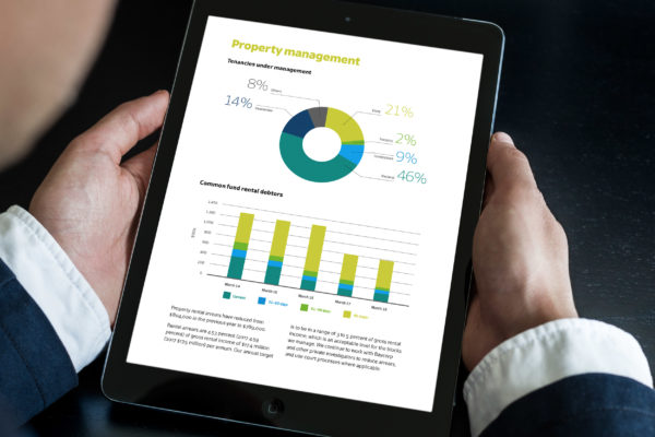 TTP_Annual-Report-2018_Spread-5_tablet Hands holding a tablet with annual report information design, by print and digital creatives Wonderlab