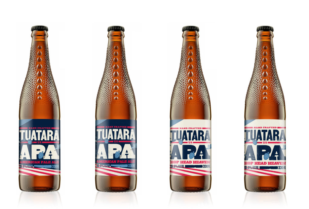 TUATARA_4_APA Row of beer bottles with typographic labels designed by creatives Wonderlab, Wellington
