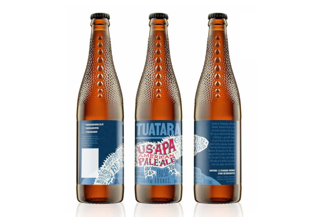 TUATARA_Pale_bot Row of beer bottles with typographic labels designed by creatives Wonderlab, Wellington