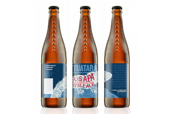 TUATARA_Pale_bot Row of beer bottles with typographic labels designed by creatives Wonderlab, Wellington