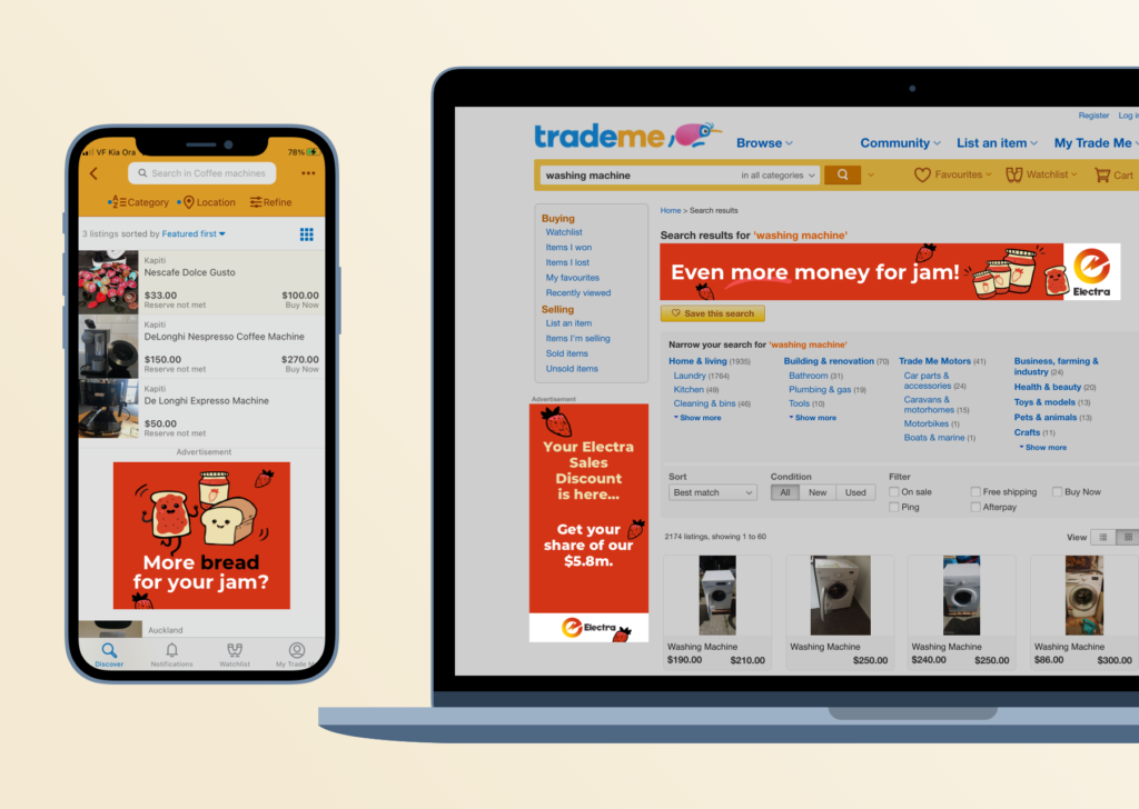 mfj-trademe-laptop-phone Mobile and laptop showing trademe advertising by ad agency Wonderlab