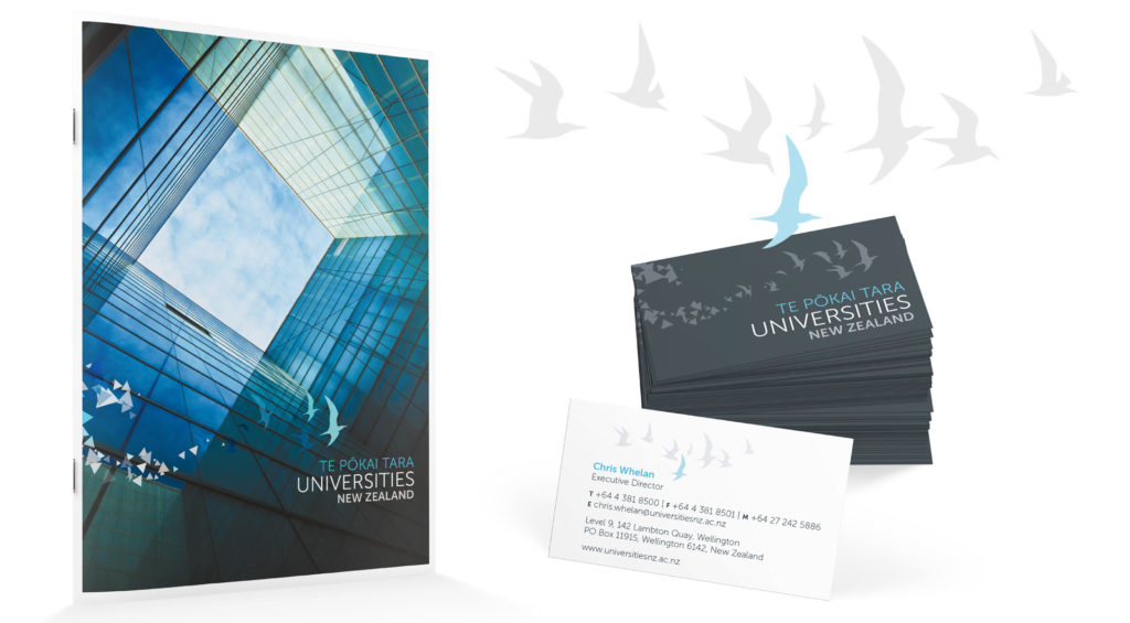 wl-uninz-report-and-cards Business cards and an annual report cover demonstrating consistent brand application by Wonderlab