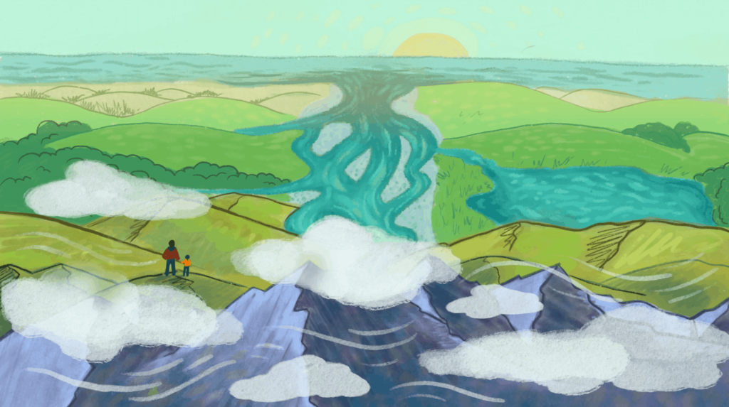 01 Scene te mana o te wai Illustration of people standing by a river, part of a public engagement campaign by Wonderlab
