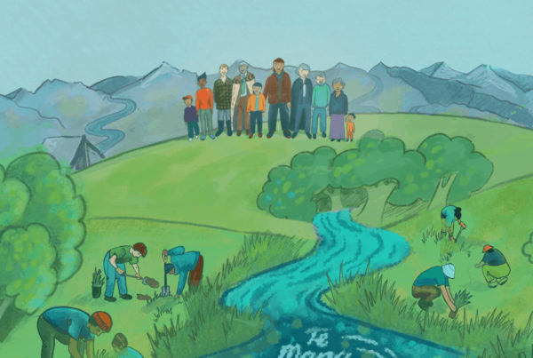 Illustration of people standing by a river, part of a public engagement campaign by Wonderlab