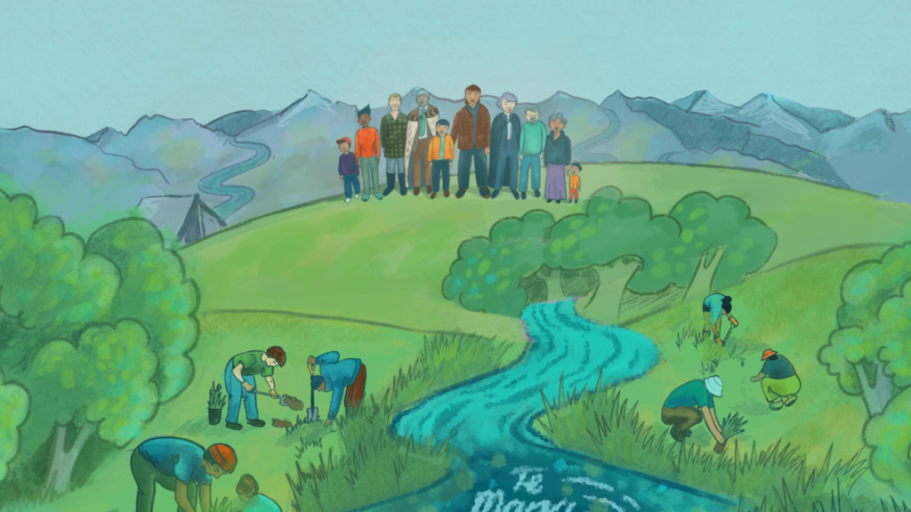 019 Scene te mana o te wai Illustration of people standing by a river, part of a public engagement campaign by Wonderlab