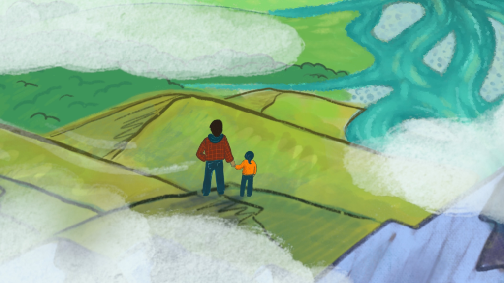 02 Scene te mana o te wai Illustration of people standing by a river, part of a public engagement campaign by Wonderlab