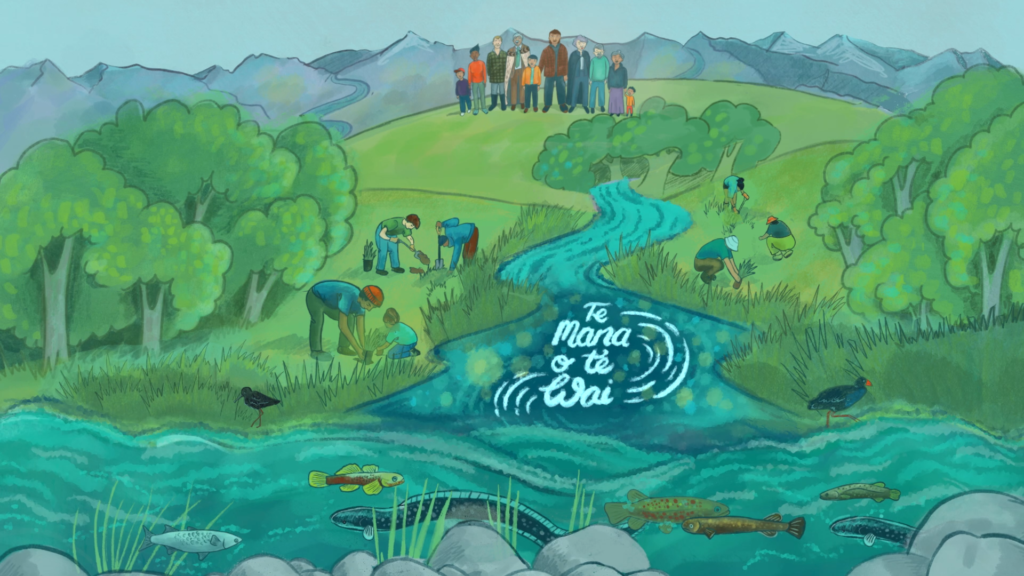 020 Scene te mana o te wai Illustration of people standing by a river, part of a public engagement campaign by Wonderlab