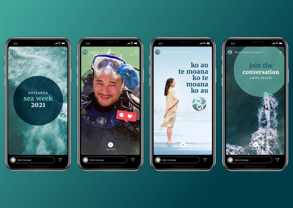 mfe-stories Mobile phones with a social media posts by communication strategists, Wonderlab