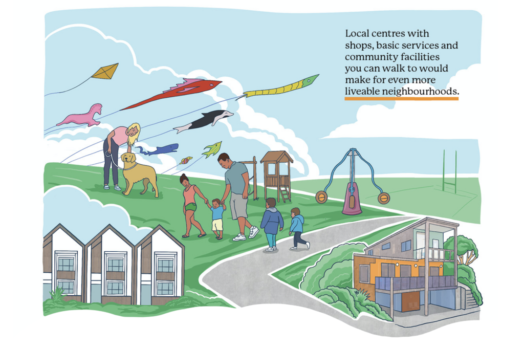 KDCD_illustration1 An illustration of people flying kites in a neighborhood.