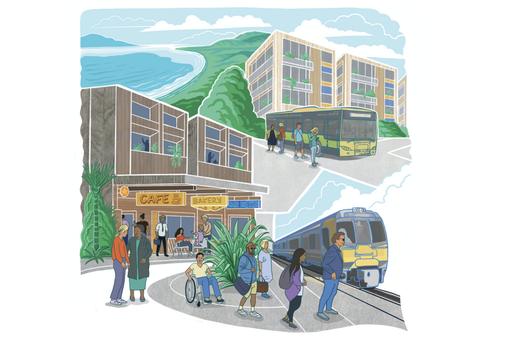 KDCD_illustration2 An illustration of people walking around a city with a bus and a train.