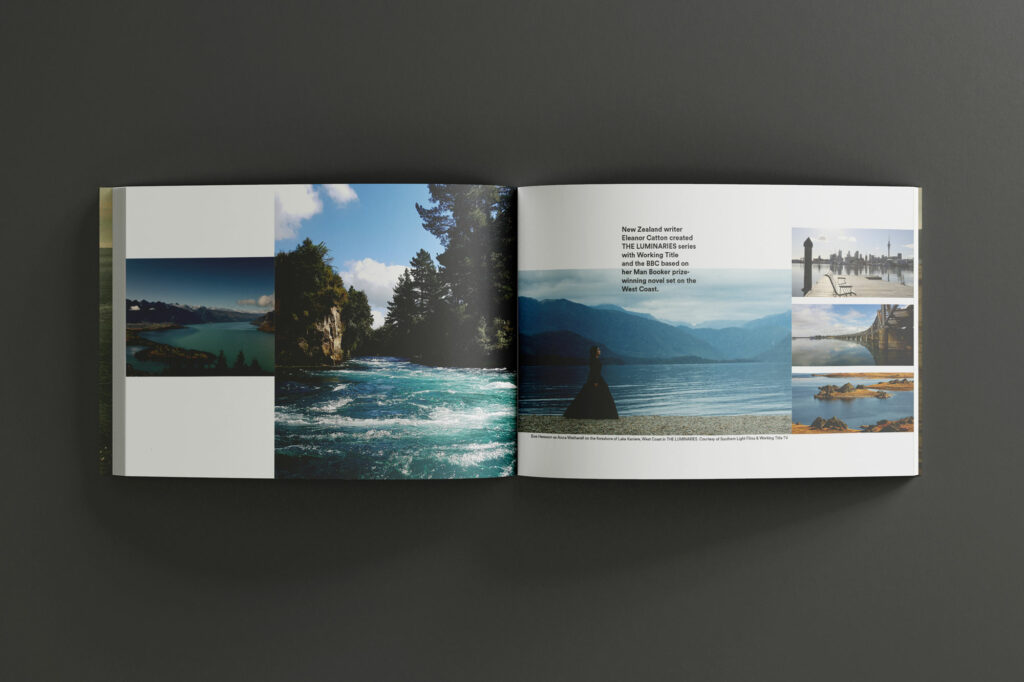 LookBook-inside-luminaries-spread An open book with pictures of a lake and mountains.