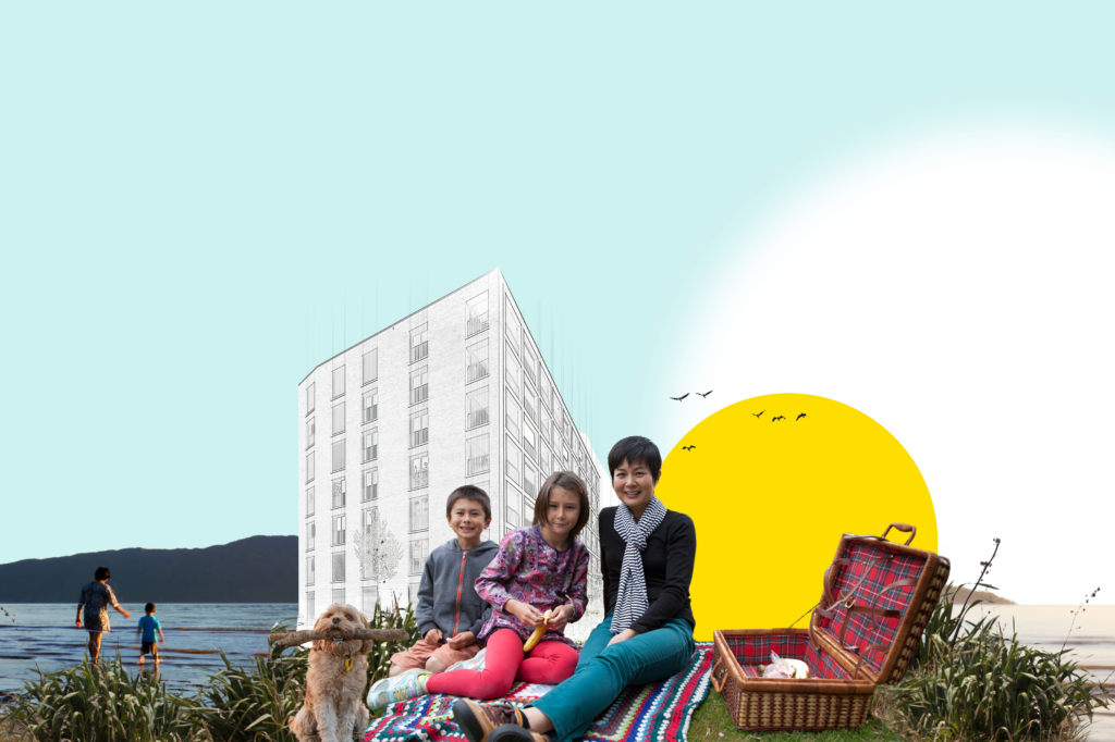 PHOTO 1 COLLAGE-v2 A group of people sitting on a blanket in front of a building.