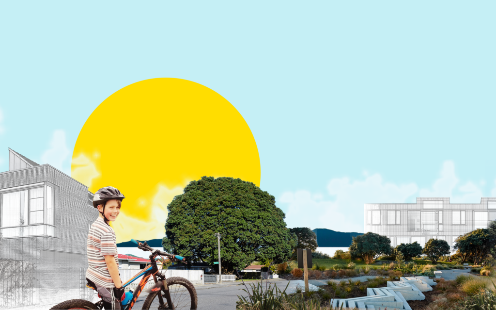 PHOTO 2 COLLAGE-v2 A boy riding a bike in front of a building with a sun in the background.