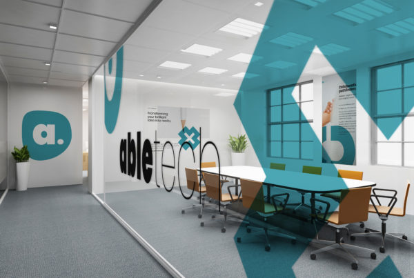 Office design showing application of a new brand identity by design company Wonderlab