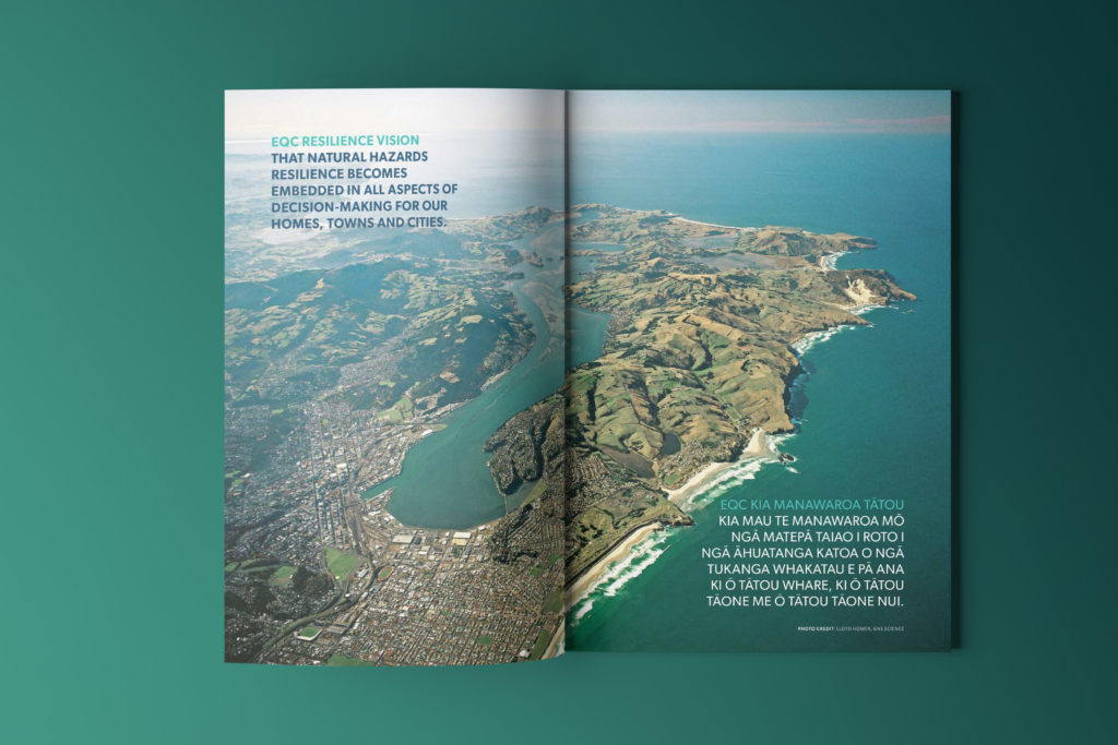 EQC Portfolio REport 10 Inside spread of a report showing arial photograph and strong type design, by Wellington design agency Wonderlab