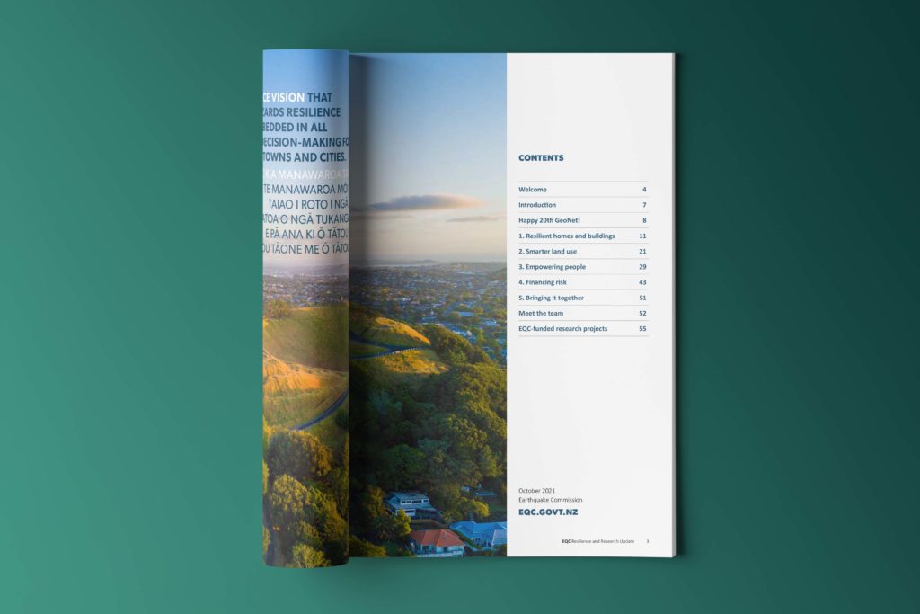 EQC Portfolio REport 2 Content page from a book by Wellington graphic consultants Wonderlab.