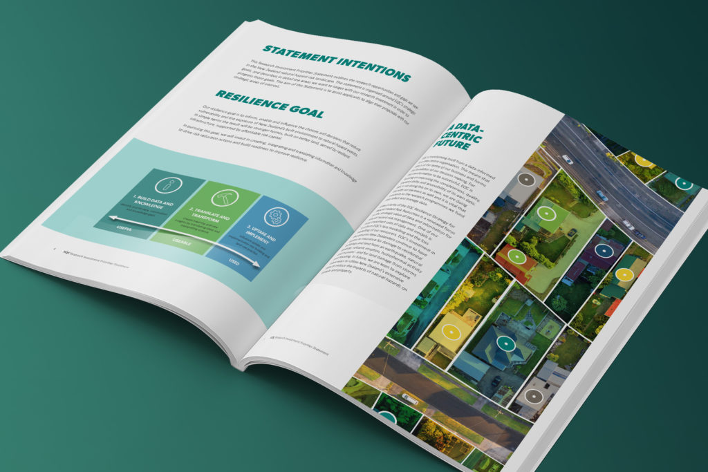 EQC Portfolio REport 3 Page from a report with a graph and photoshopped imagery, by Wellington print designers Wonderlab.