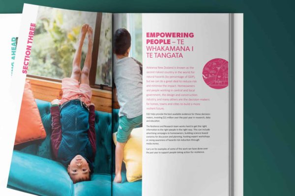 EQC Portfolio REport 7 Page from a book with photography of children, illustration and text, by Wellington graphic designers Wonderlab.