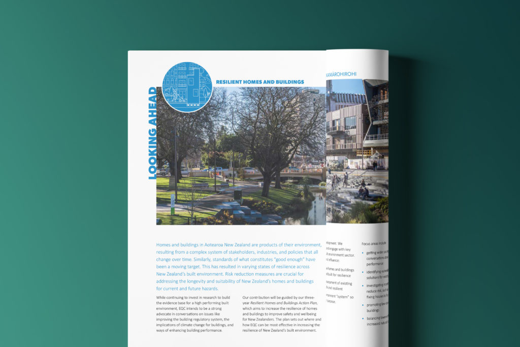 EQC Portfolio REport 9 Page from a book with photography, illustration and text, by Wellington graphic designers Wonderlab.