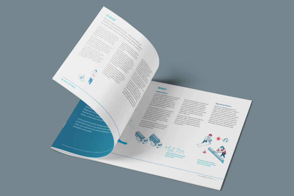 Wellington Water Report Booklet design with illustration and information graphics by creative agency Wonderlab.