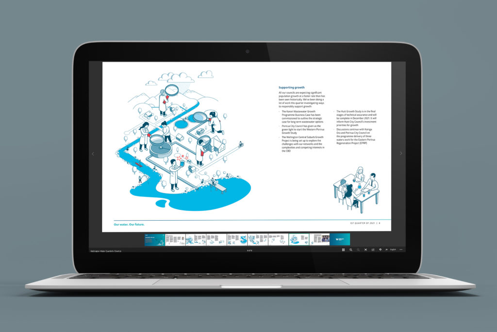 Wellington Water Report Digital Laptop with graphic design, illustration and information graphics by creative agency Wonderlab.