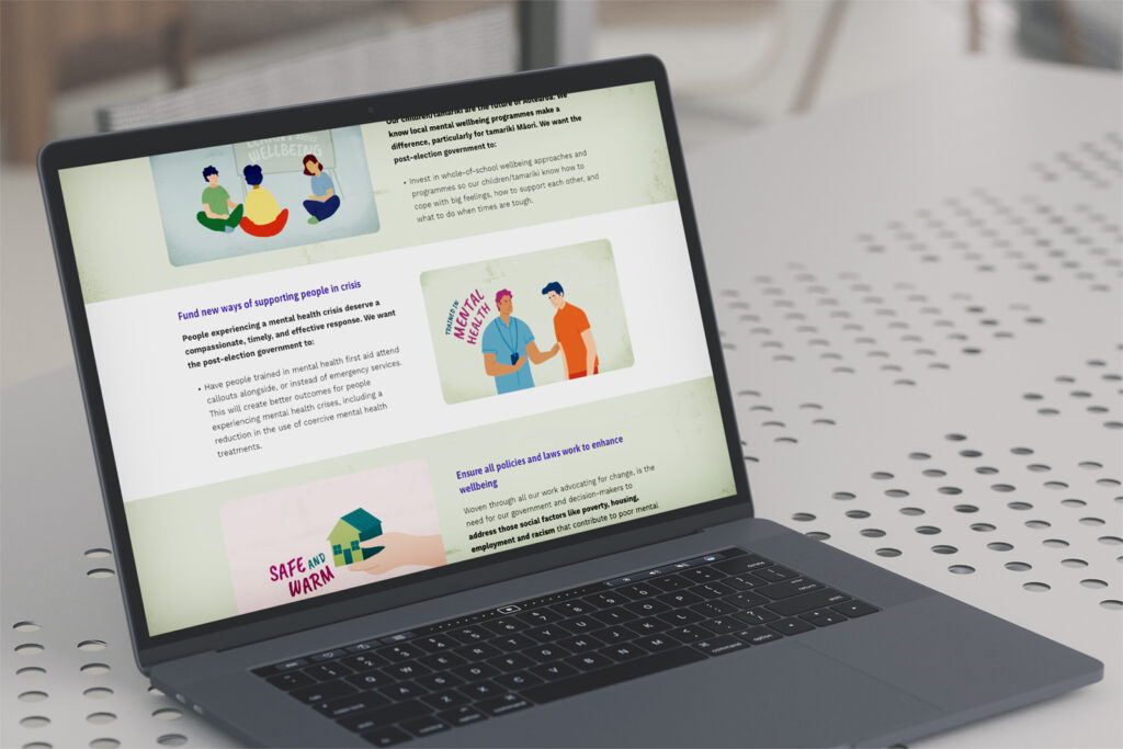 MHF_macbook MockupsC_1-0 A laptop is displaying the for Mental Health Foundation's advocacy campaign website on a table.