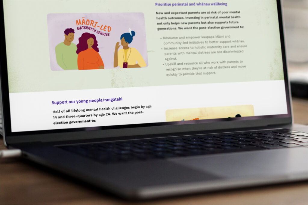 MHF_macbook Mockups_1-0 A laptop is displaying the for Mental Health Foundation's advocacy campaign website on a table.